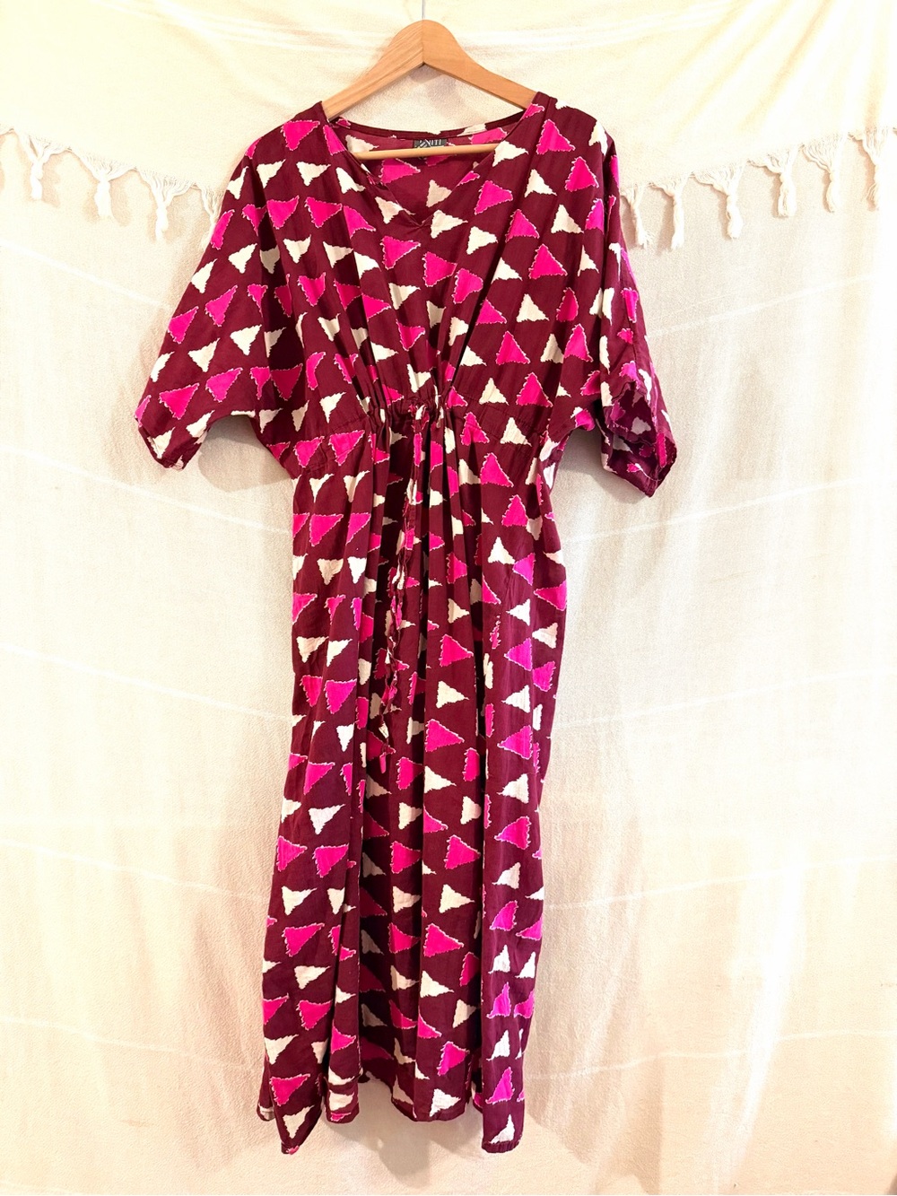 Indian Cotton Kaftan with Pink & White Pattern